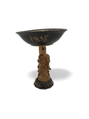 Vintage Japan Figural Pedestal Lenwile Ardalt Black & Gold Compote 9"